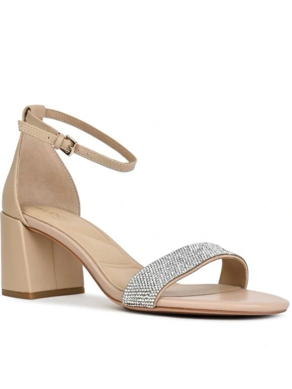 Aldo Nude Block Heel Sandal with Crystal Toe Band